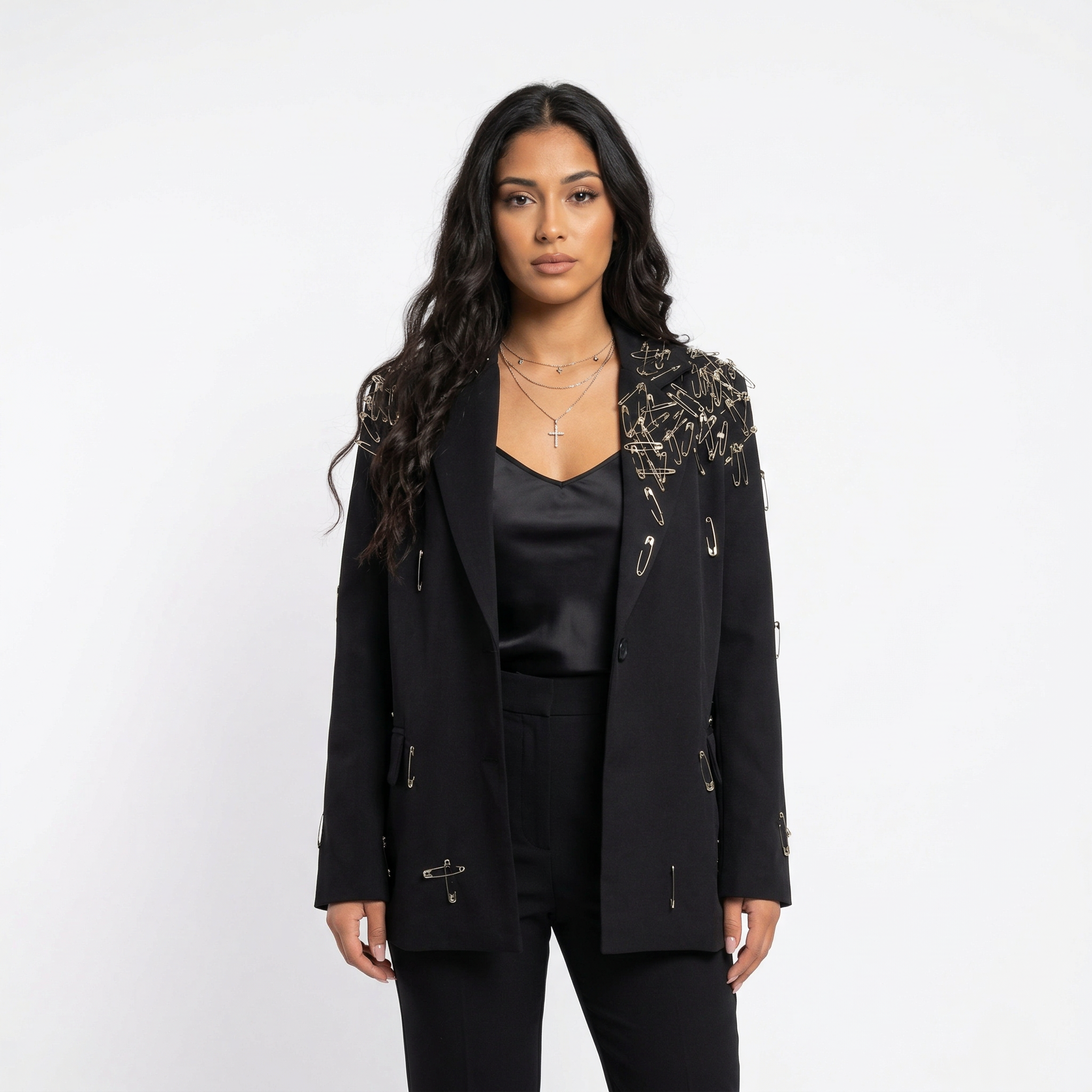 Sacou Oversize Noir Safety Pins - Față - Rosmarie Couture