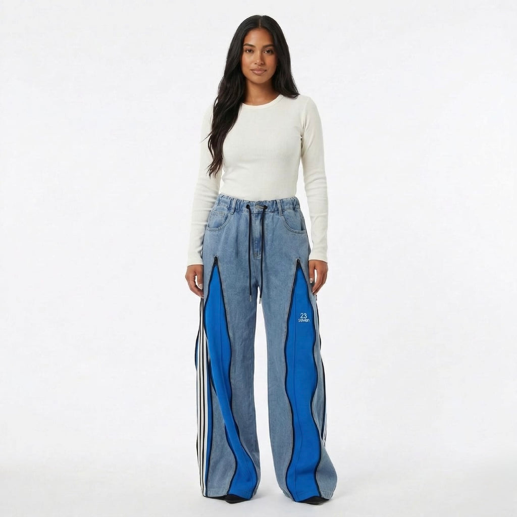 Pantaloni Denim Sport cu Inserții Albastre