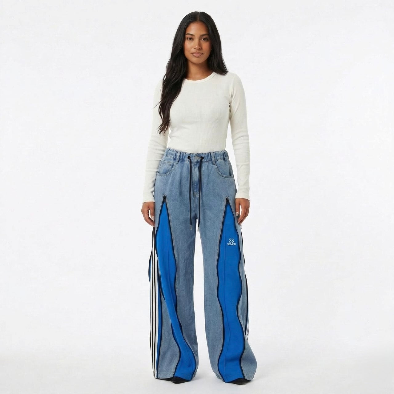 Pantaloni Denim Sport cu Inserții Albastre