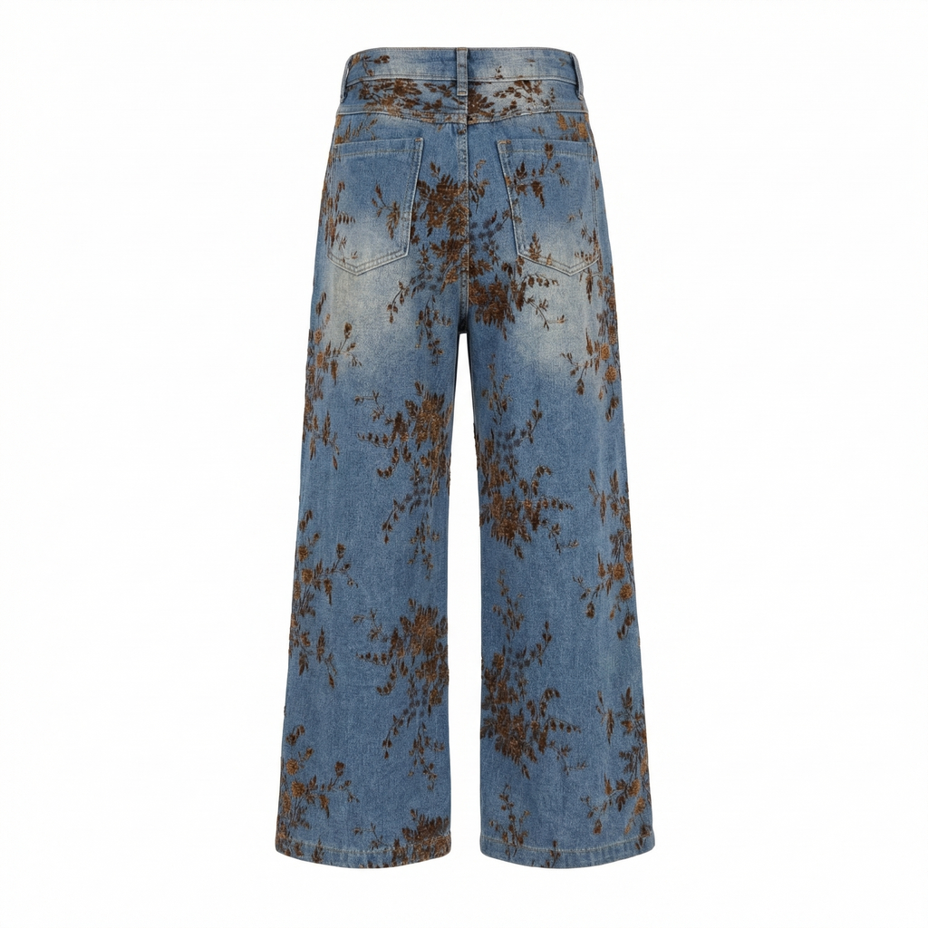Pantaloni Wide-Leg Denim Florali - Detaliu Spate