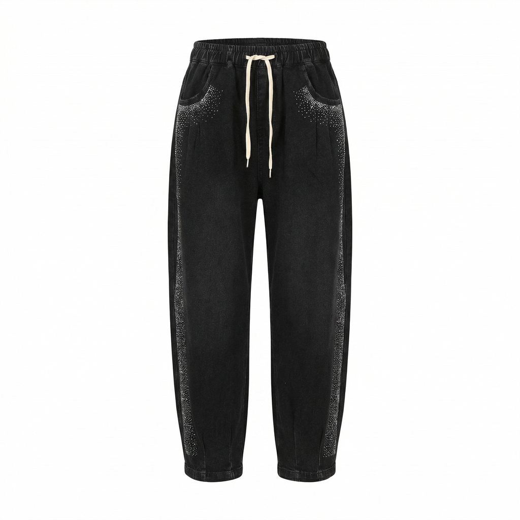 Pantaloni Denim Black cu Pietre Strălucitoare - Față - Rosmarie Couture