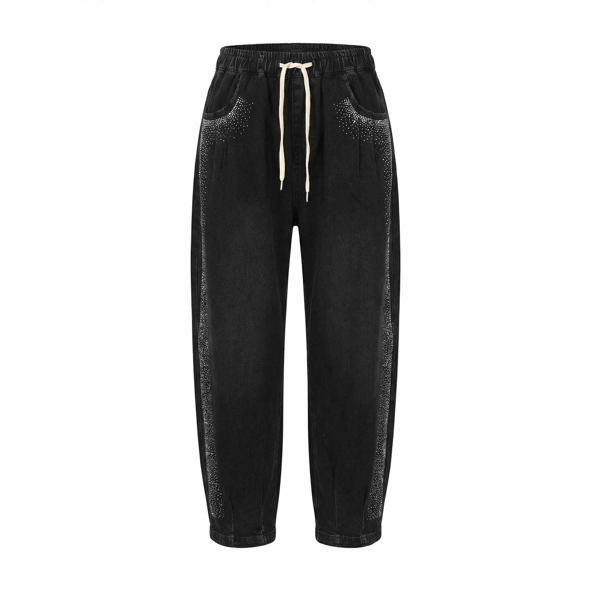 Pantaloni Denim Black cu Pietre Strălucitoare - Față - Rosmarie Couture