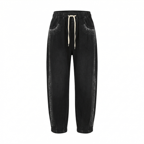 Pantaloni Denim Black cu Pietre Strălucitoare - Față - Rosmarie Couture