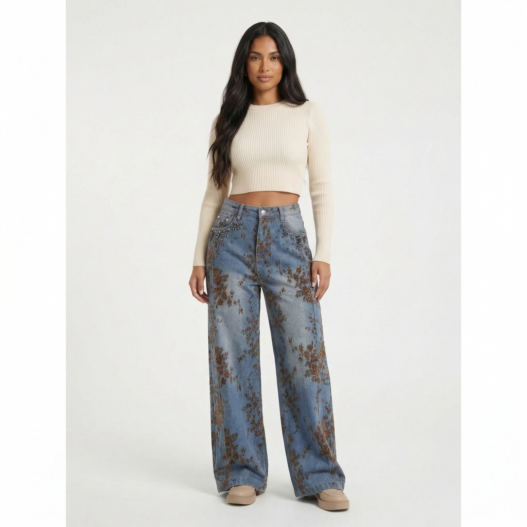 Pantaloni Wide-Leg Denim Florali - Pe Model