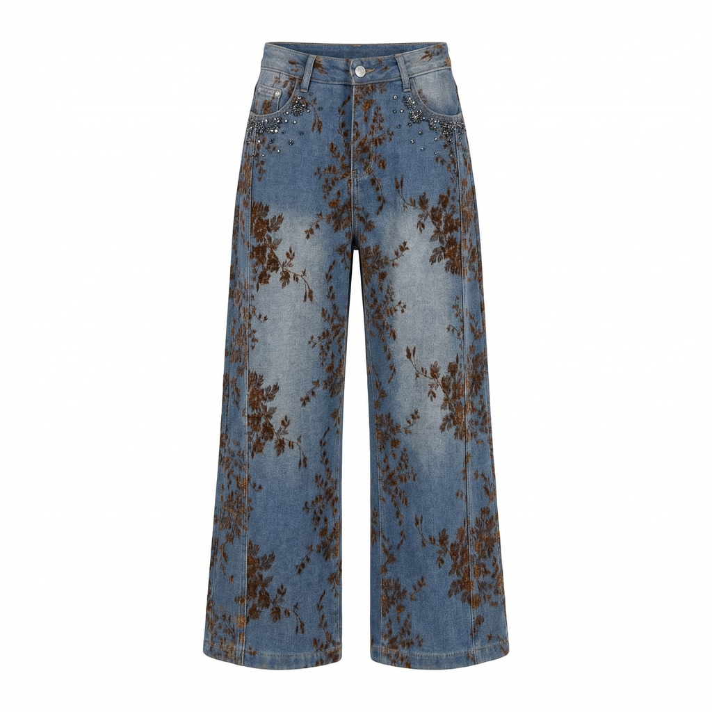 Pantaloni Wide-Leg Denim Florali - Detaliu Față