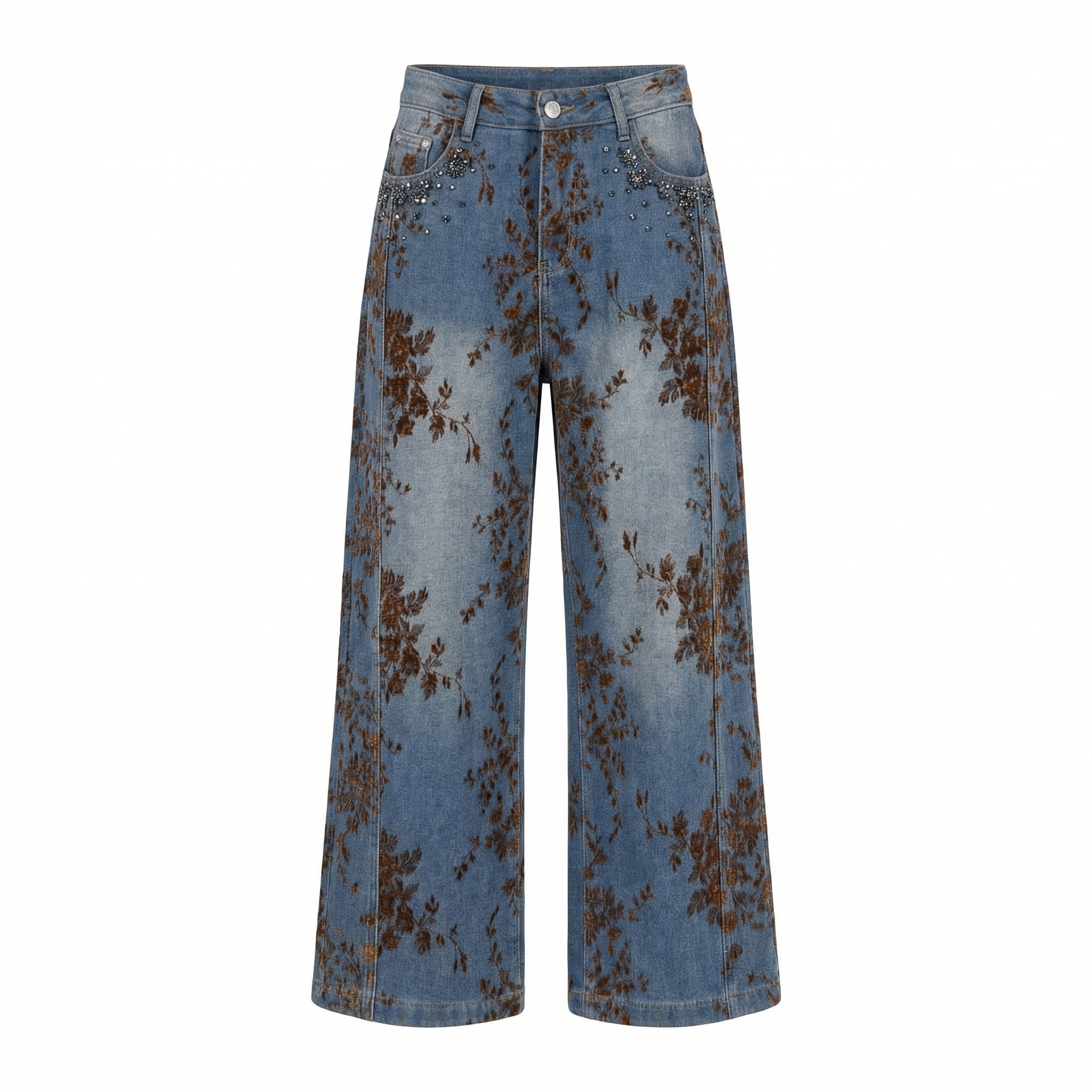 Pantaloni Wide-Leg Denim Florali - Detaliu Față