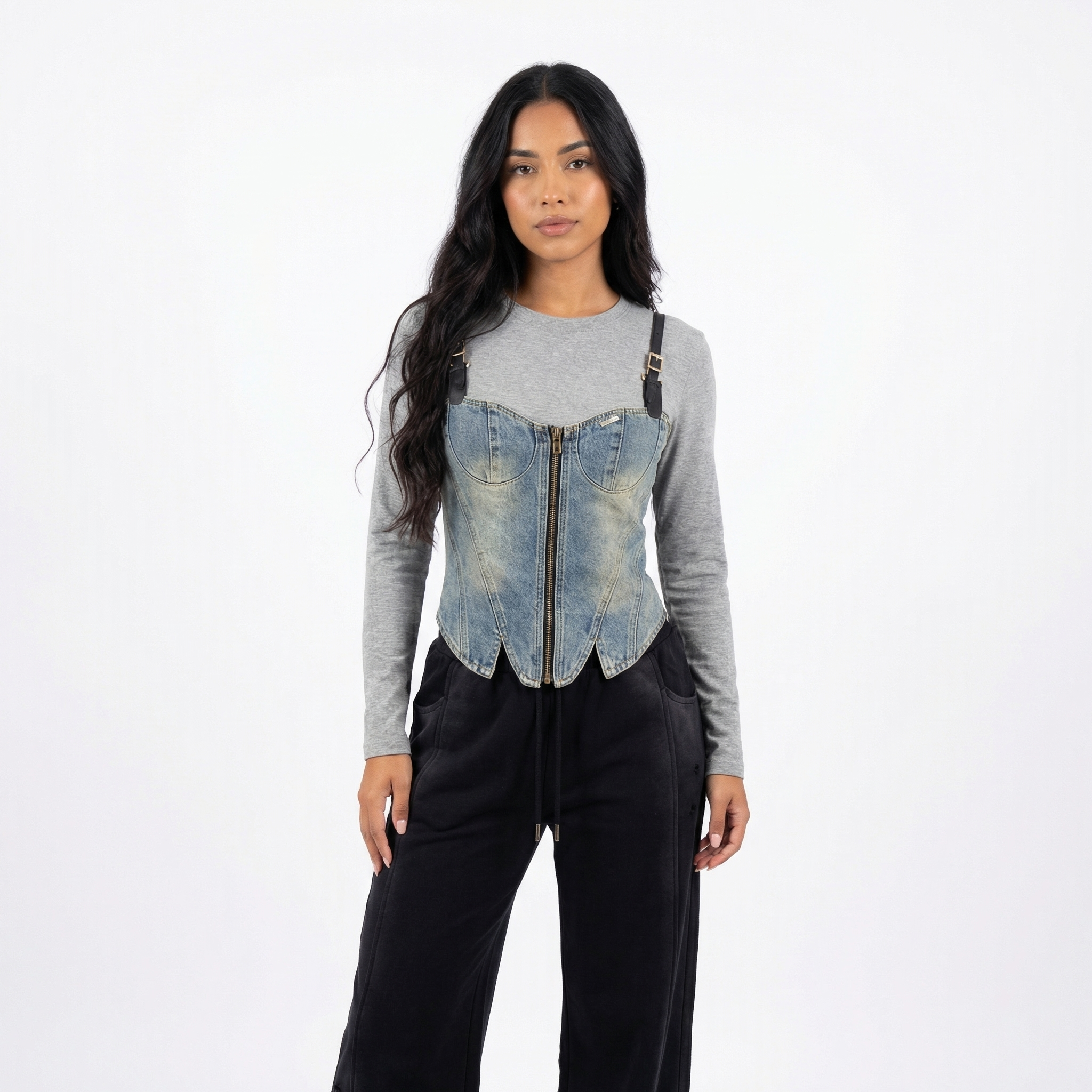 Bluză Grey cu Corset Denim - Rosmarie Couture