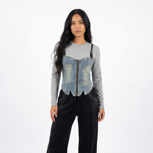 Bluză Grey cu Corset Denim - Rosmarie Couture