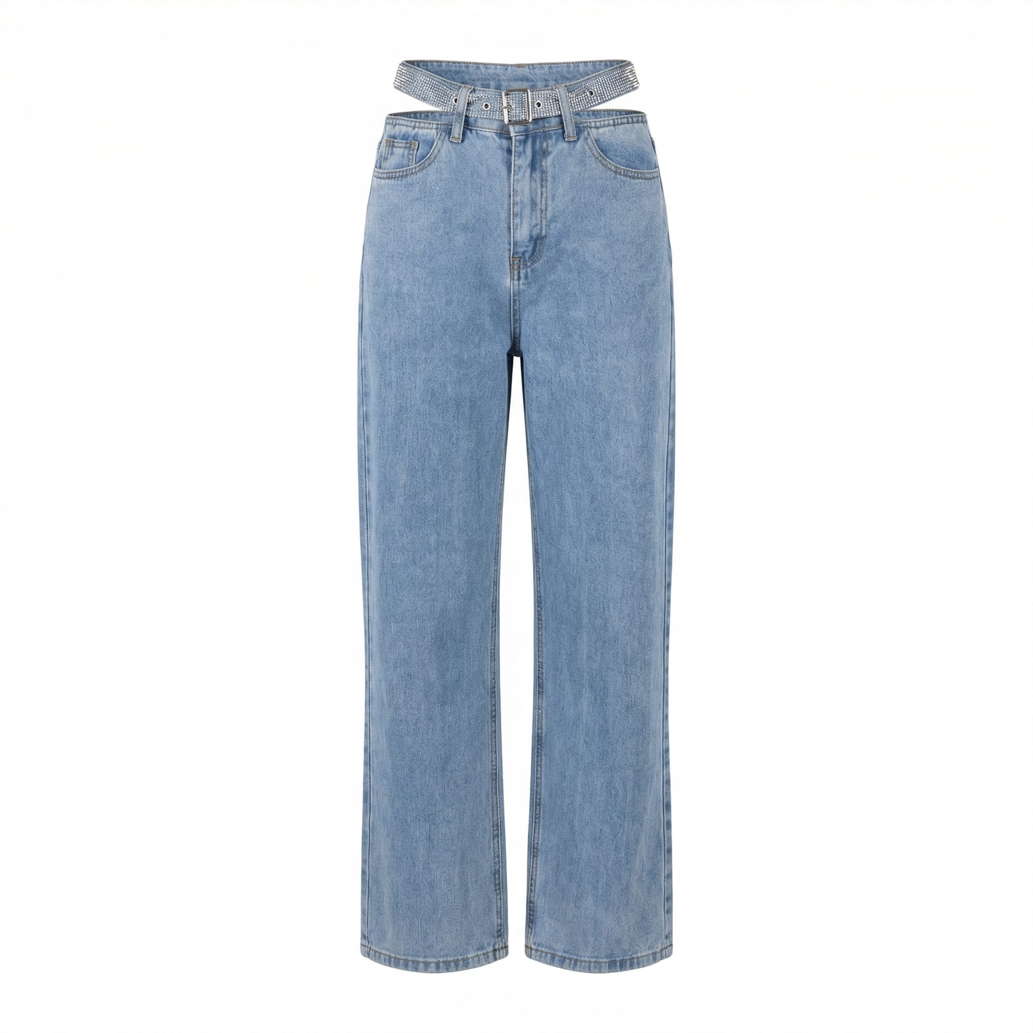 Pantaloni Denim Light Blue cu Decupaje și Pietre